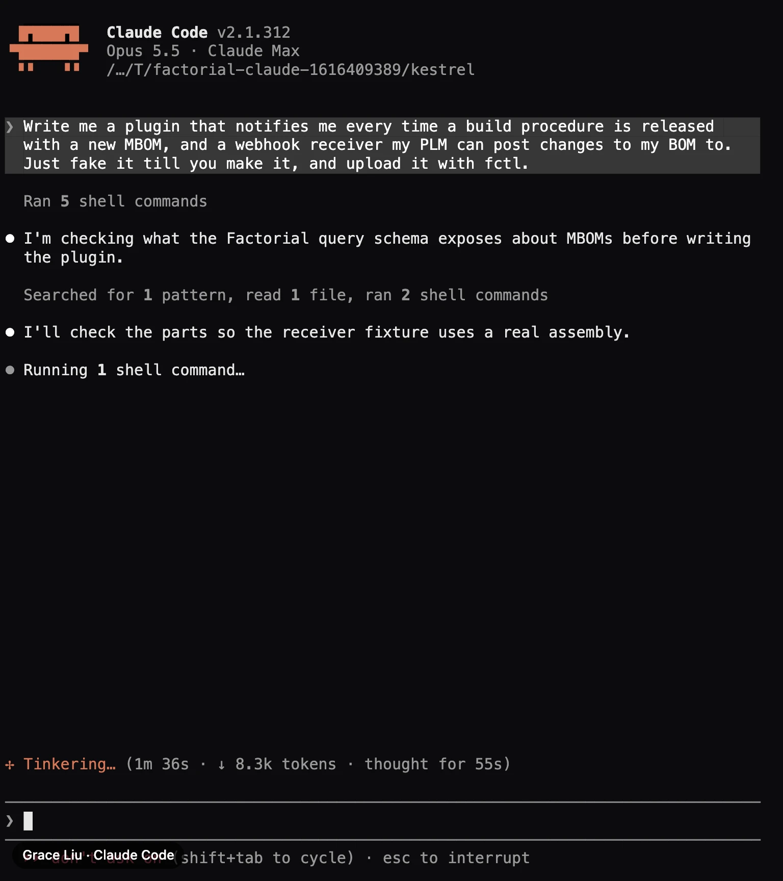 Claude Code in a terminal, asked for a plugin that notifies Grace of new MBOMs and a receiver for the PLM, working through it with fctl