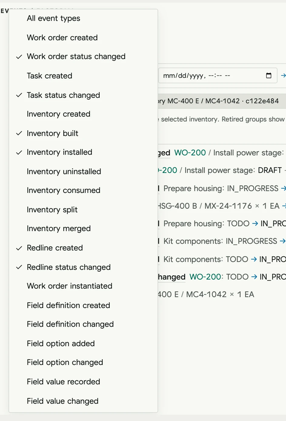 The event type filter with six kinds of event checked