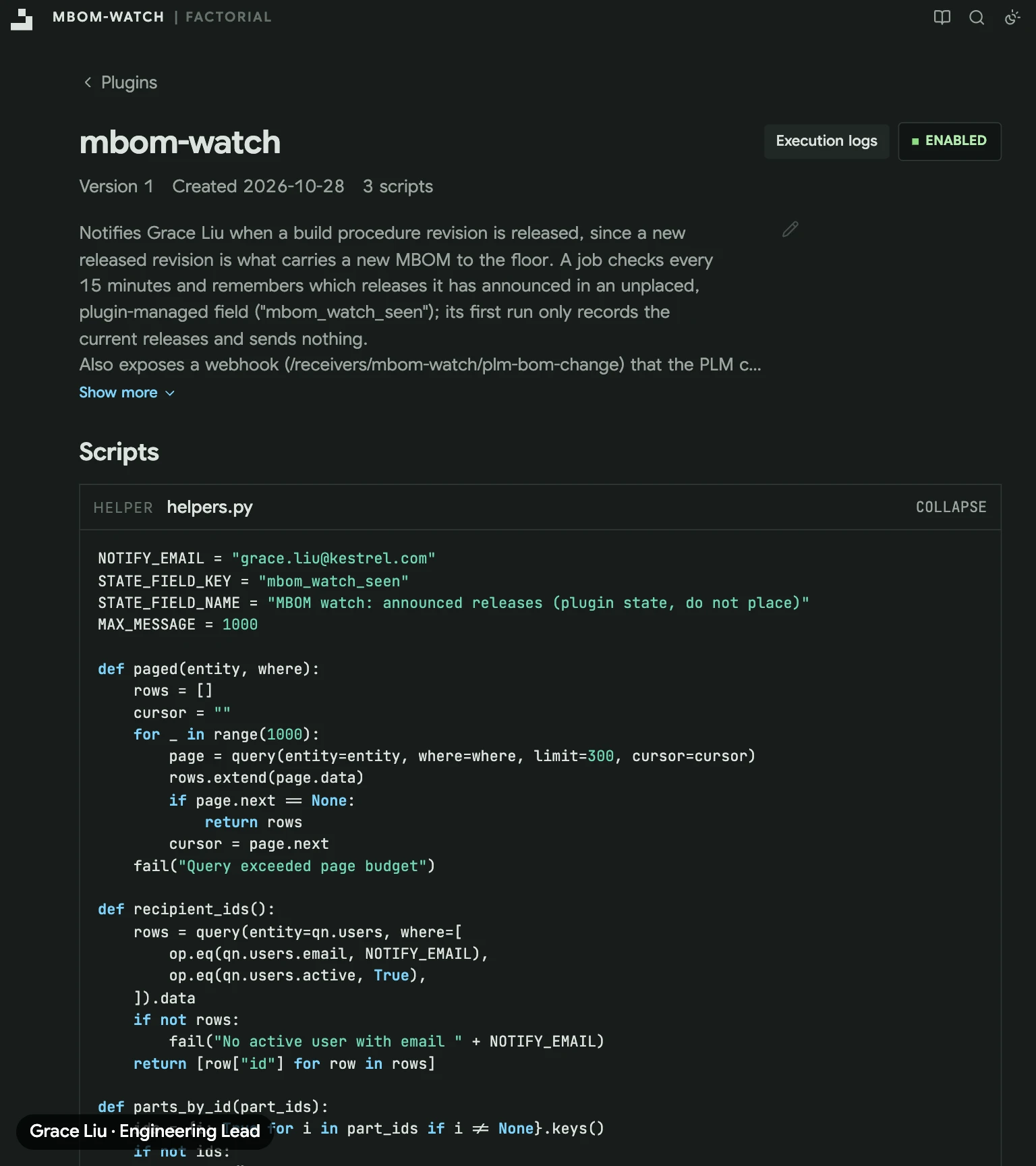 The plugin Claude Code uploaded, open in Factorial with its scripts, switched on
