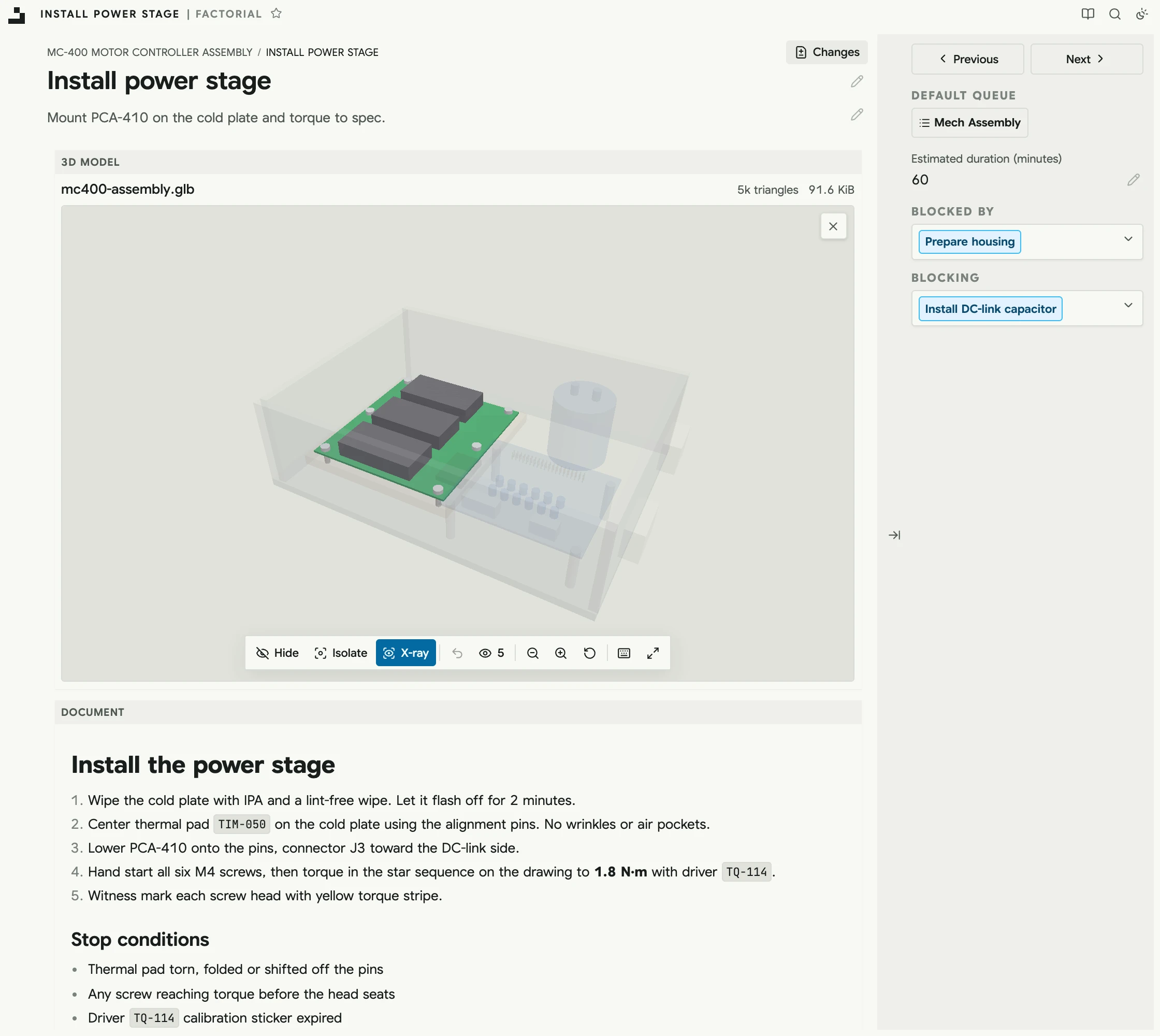 A released procedure step with its 3D model open on the step's view: the power stage board, its IGBT modules and its six screws solid, the rest see-through, over the step's instructions