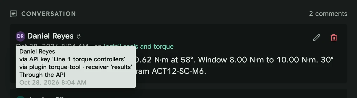 A comment the torque receiver left, credited to Daniel Reyes through the line's API key and the torque-tool plugin