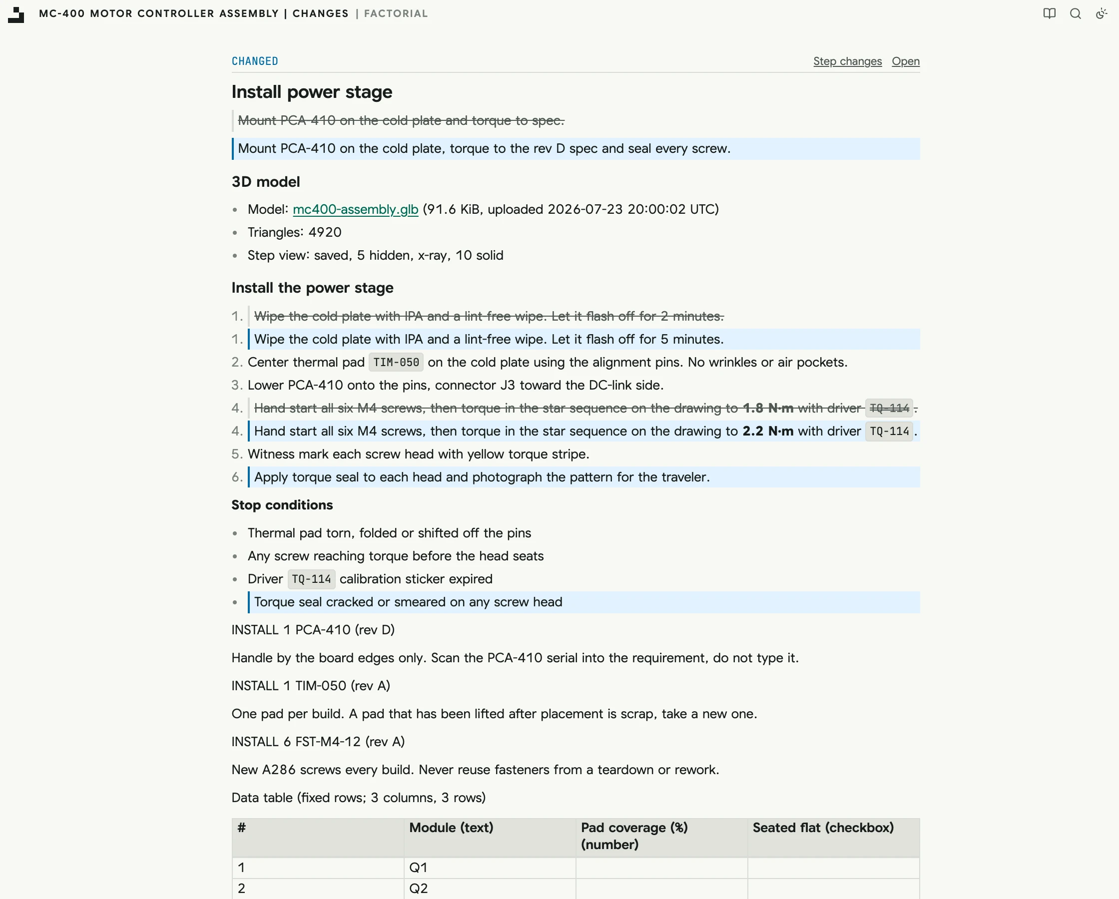 Changes to one step between two releases of a procedure: a new description, edited instructions, a new stop condition, and a newer drawing