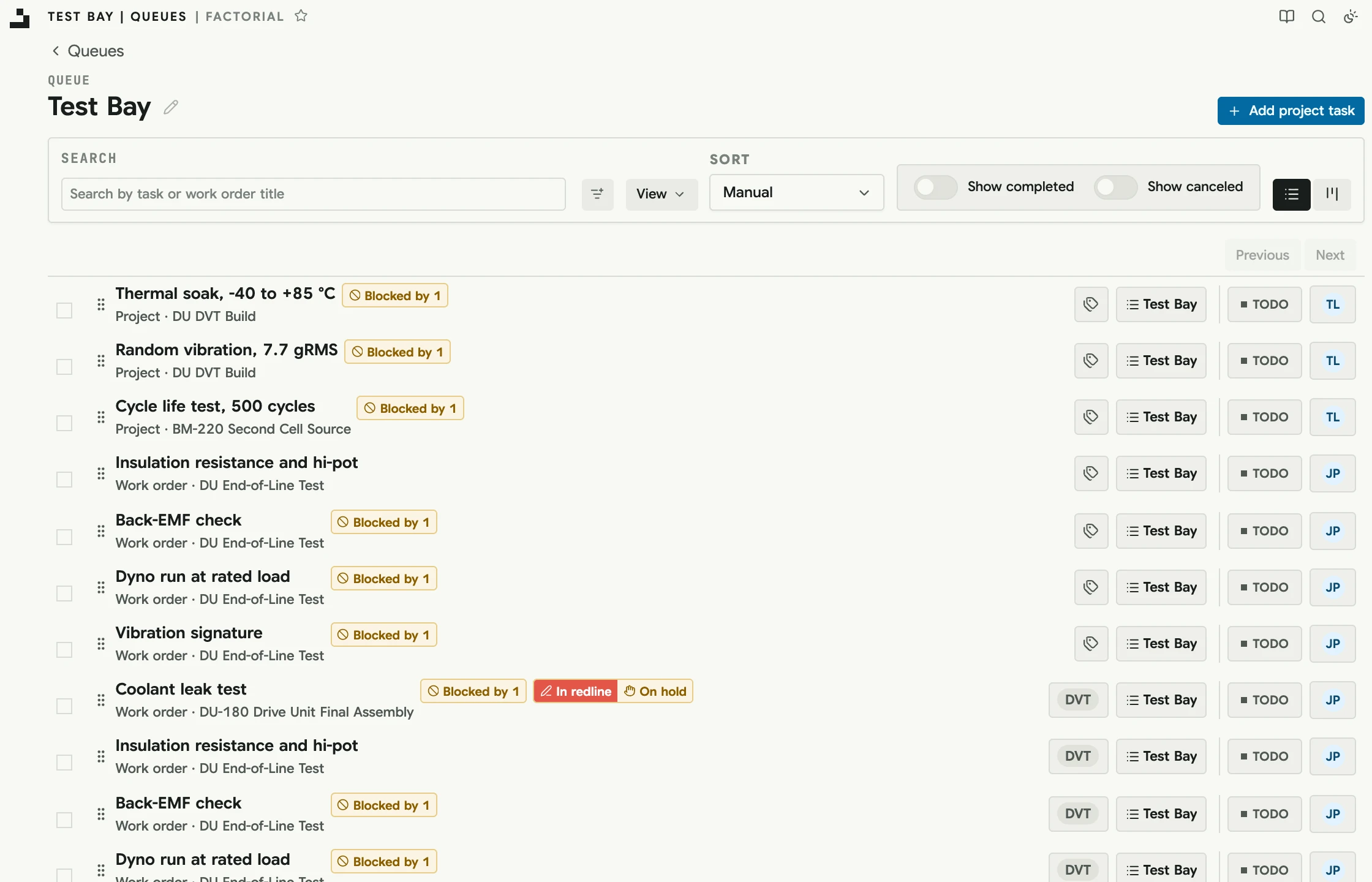The Test Bay queue with work order and project tasks, blockers, and holds