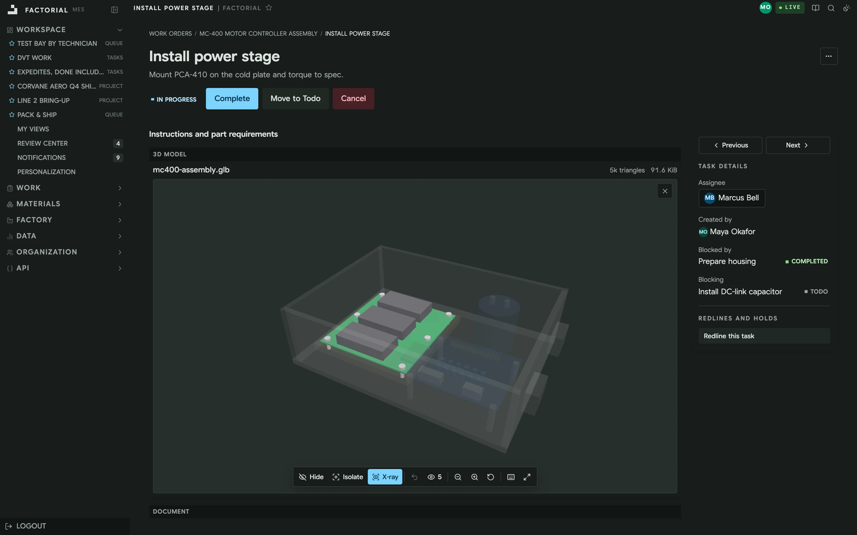A technician's task in Factorial: the assembly's 3D model open on the step's view, the power stage board solid and the rest see-through, beside the task's status and details