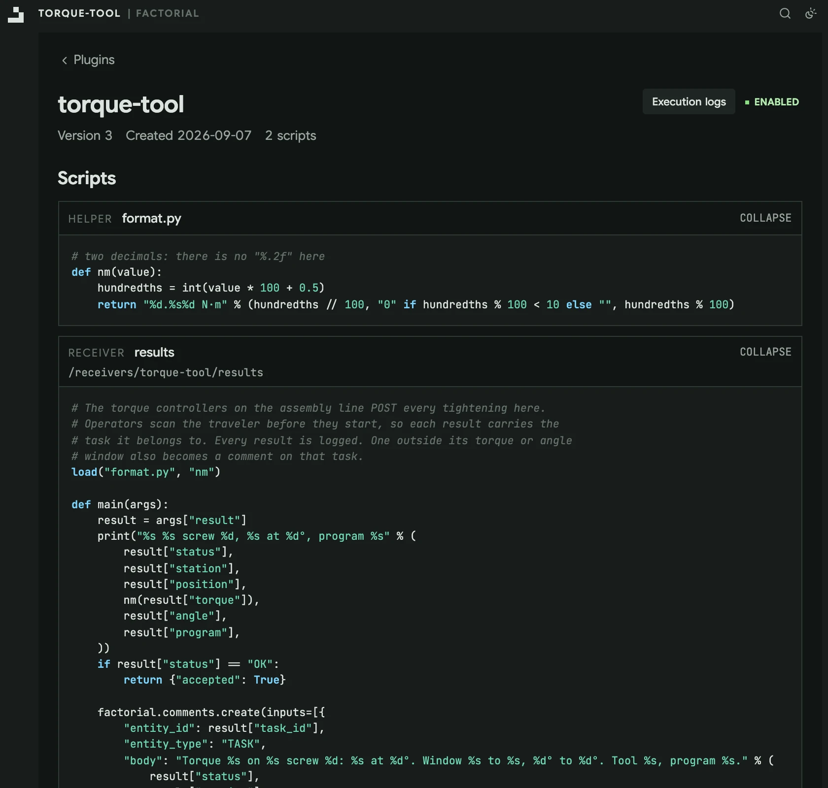 The torque-tool plugin: a helper script and a receiver that takes results from the line's torque controllers and comments on the task when one is out of window